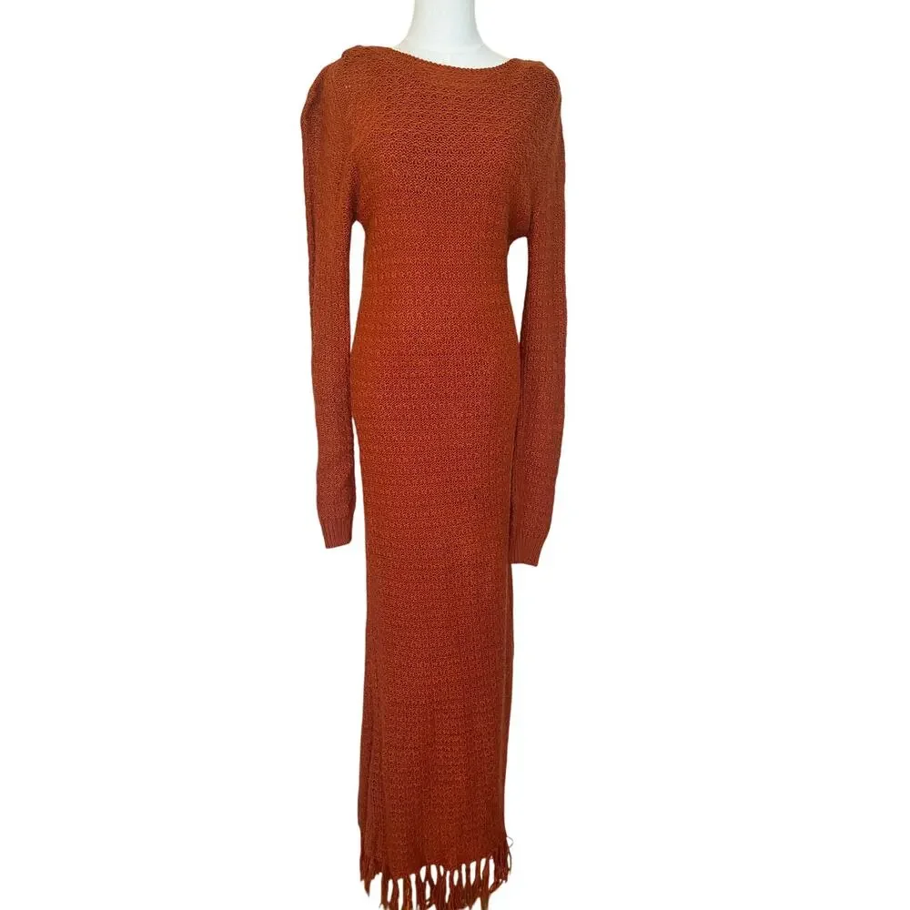 Pamela Love Clay Brown Crochet Maxi Dress LARGE Sweater Fringe Designer $395 - Picture 8 of 13
